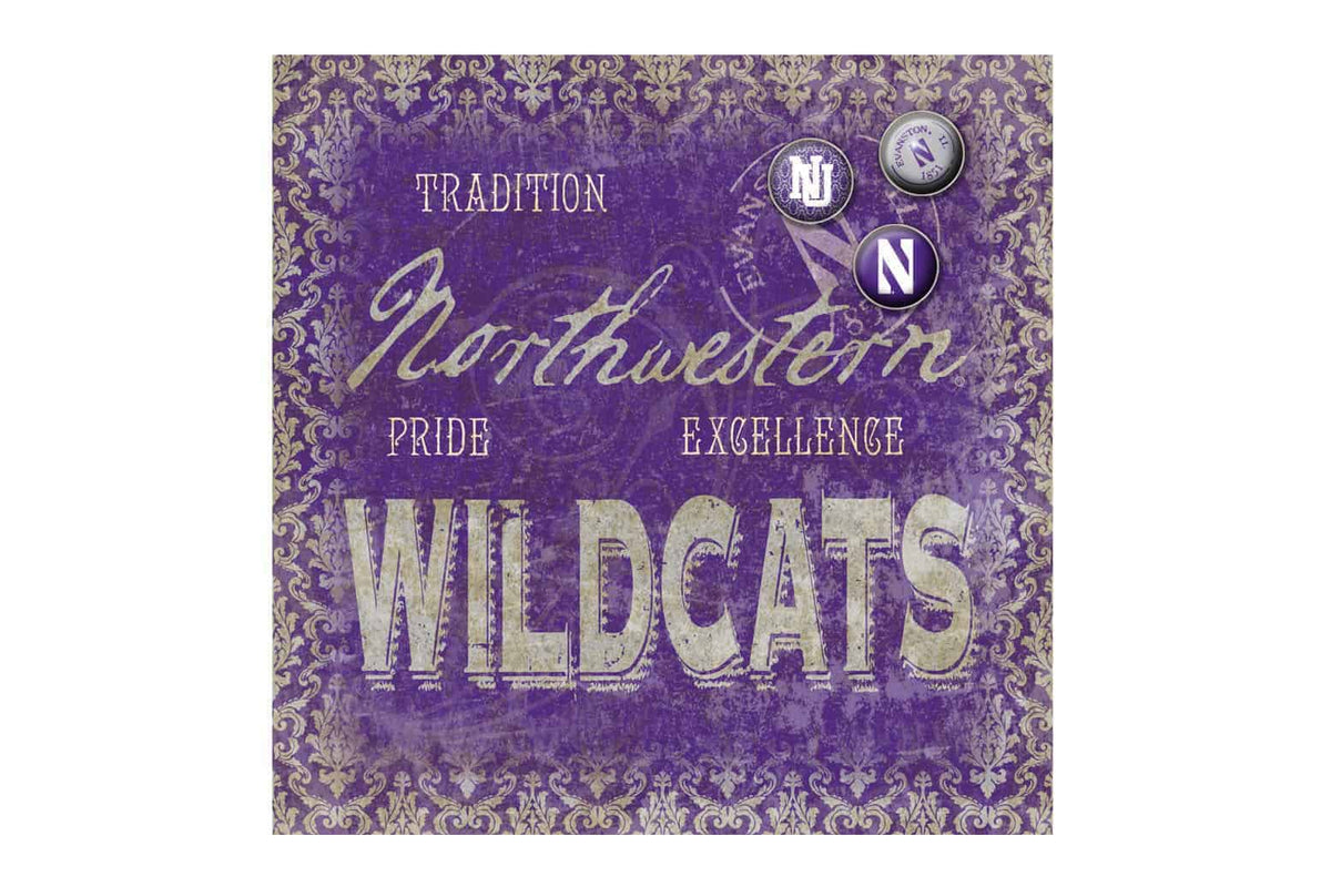 Northwestern Wildcats Square Vintage Tin Sign with Vintage Script Northwestern Wildcat Design