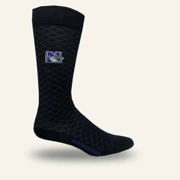 Northwestern University Wildcats Adult Black Textured with Accent of Purple Dress Socks with N-Cat Design
