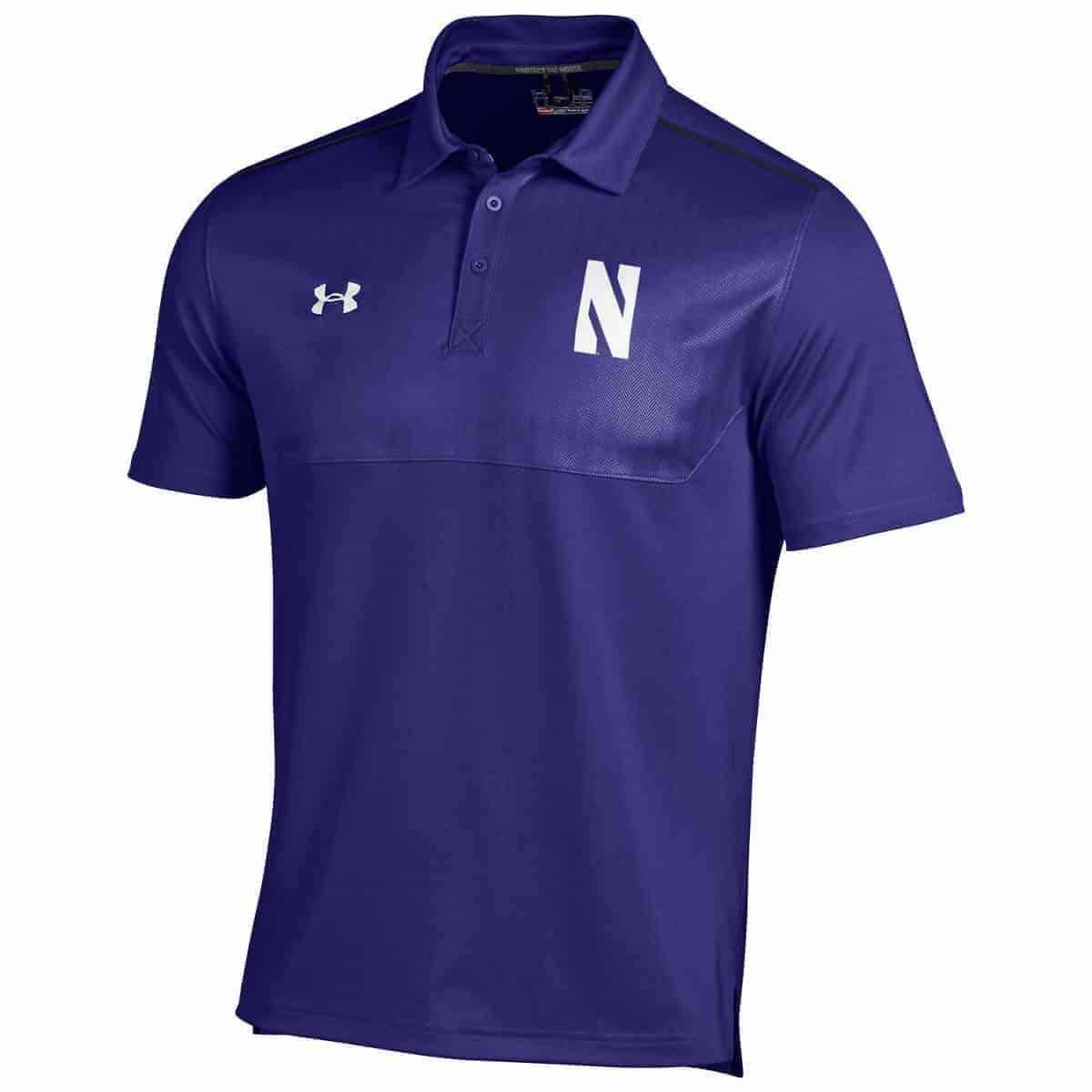 Northwestern University Wildcats Under Armour Two Tone Purple Polo Shirt with Left Chest N & Back Upper Left Shoulder Northwestern Embroidery