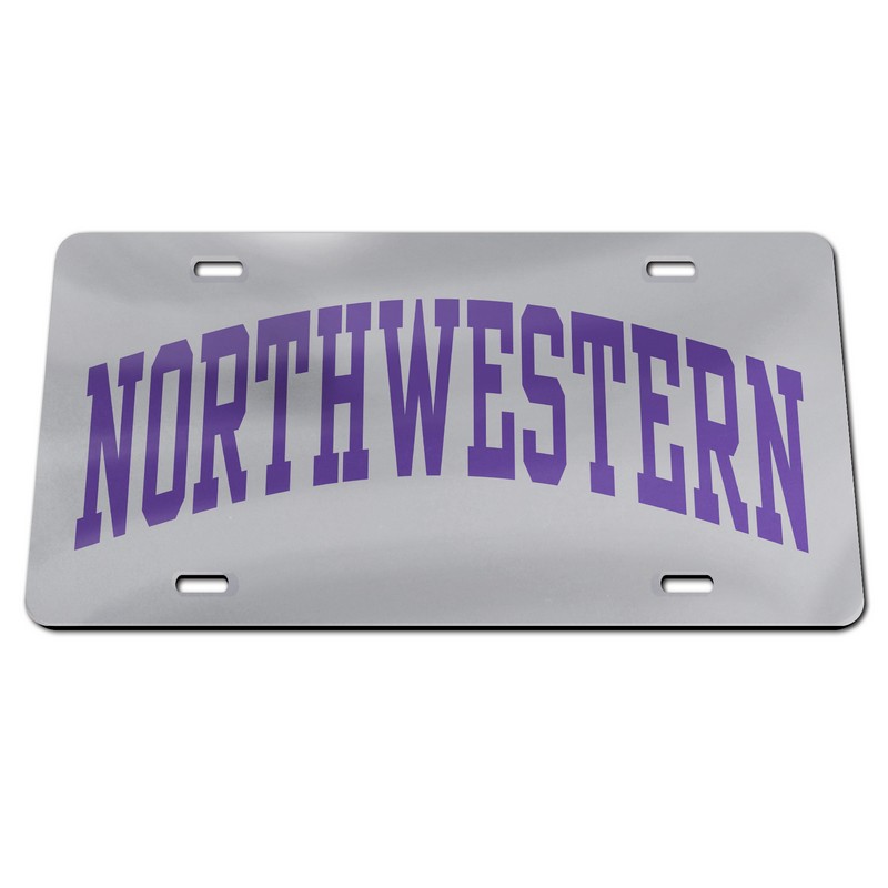 Northwestern Wildcats Thick Mirrored Acrylic License Plate with Purple Full Block Arched Northwestern Design