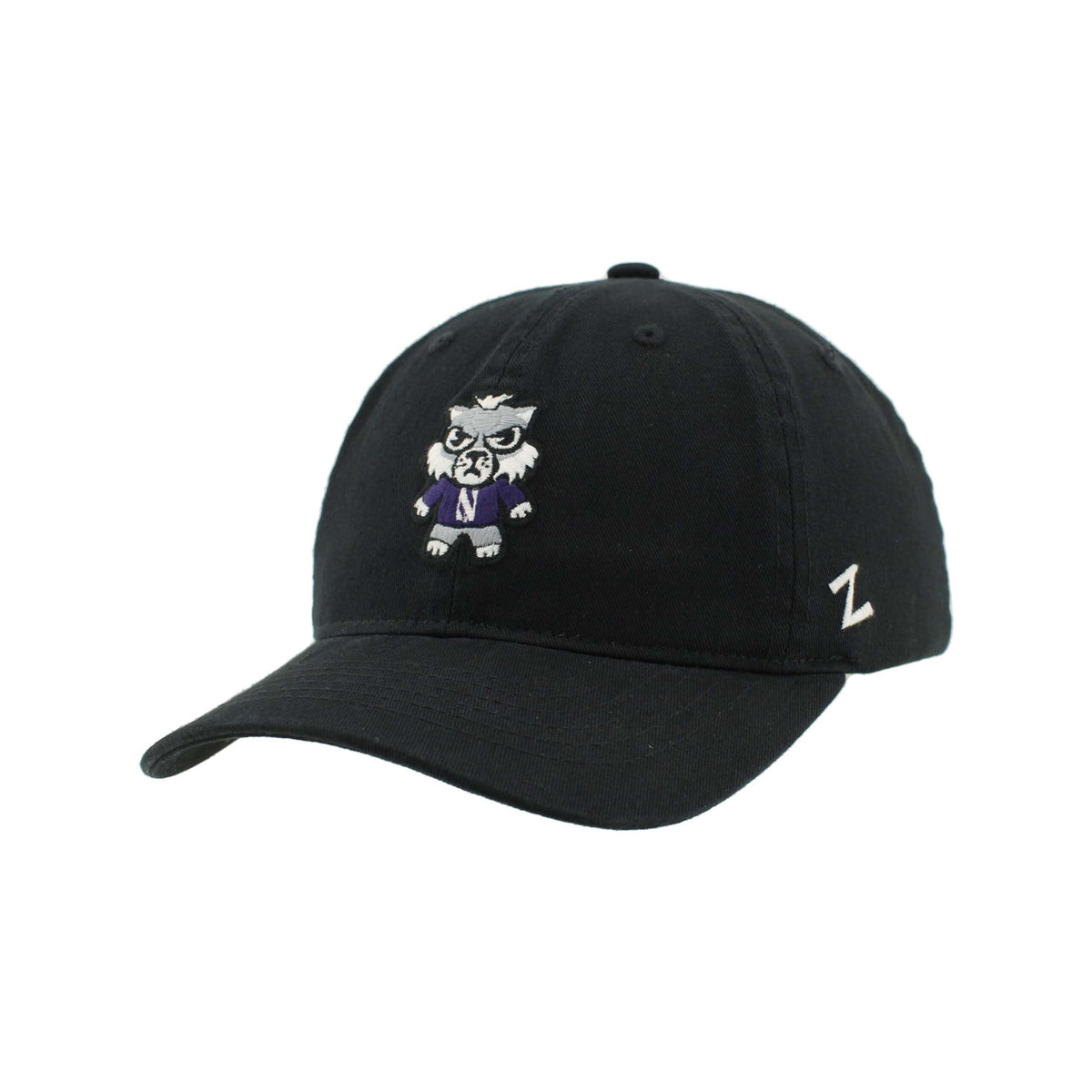 Northwestern University Wildcats Zephyr Unconstructed Adjustable Black Hat with Tokyodachi Willie the Wildcat Design