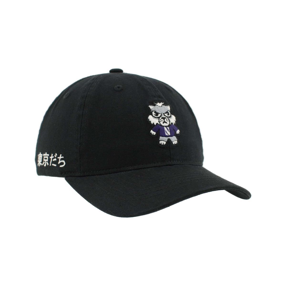 Northwestern University Wildcats Zephyr Unconstructed Adjustable Black Hat with Tokyodachi Willie the Wildcat Design