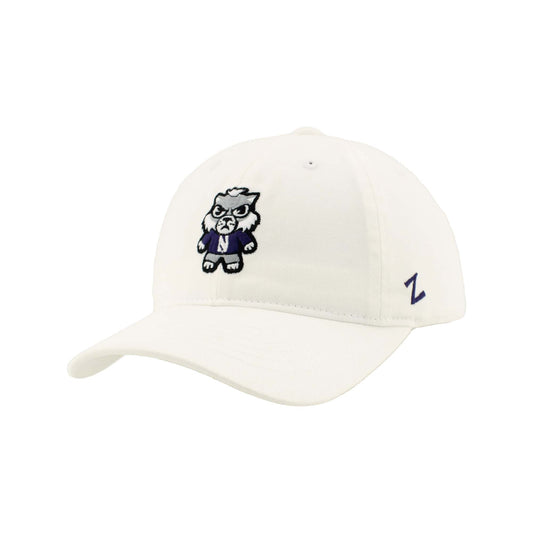 Northwestern University Wildcats Zephyr Unconstructed Adjustable White Hat with Tokyodachi Willie the Wildcat Design