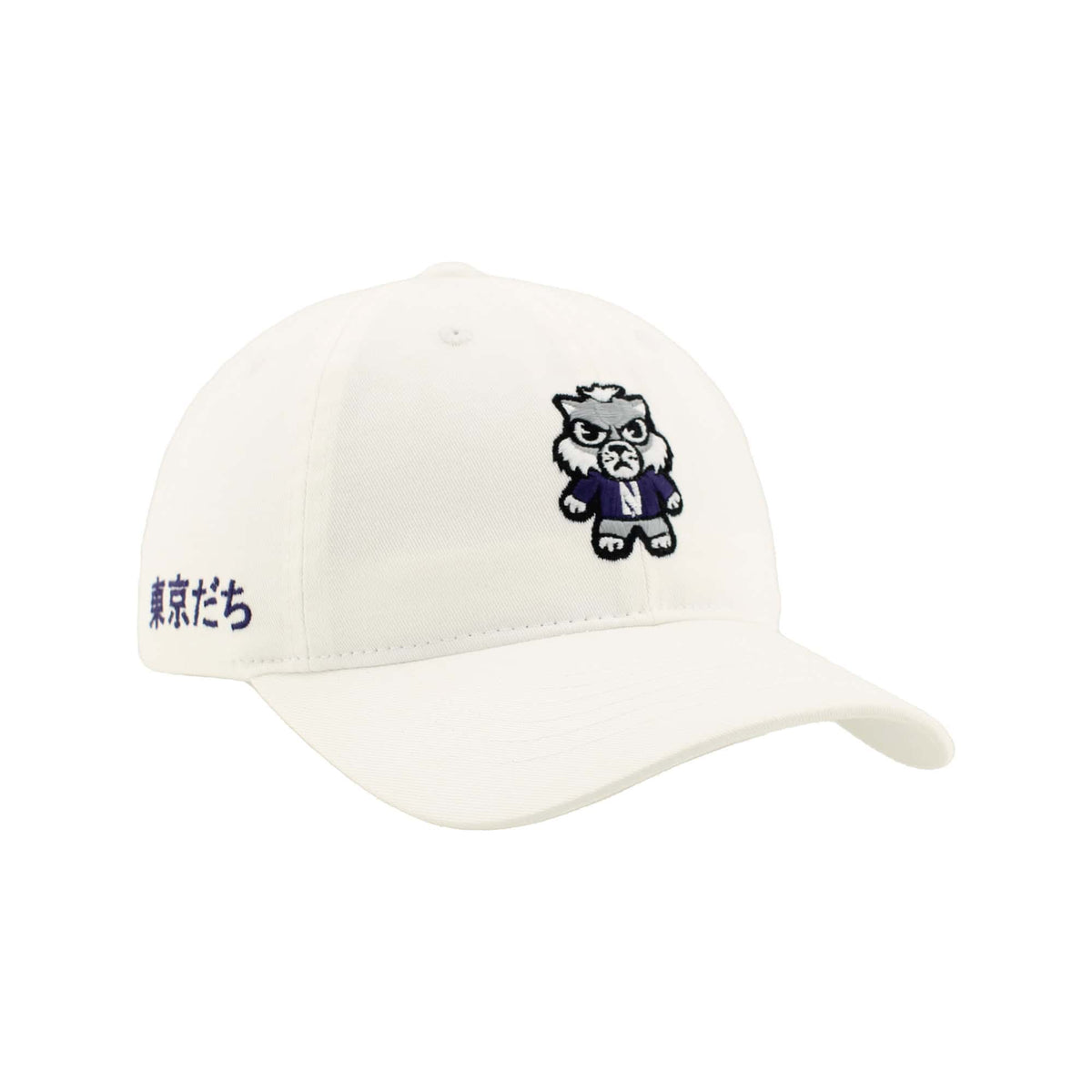 Northwestern University Wildcats Zephyr Unconstructed Adjustable White Hat with Tokyodachi Willie the Wildcat Design