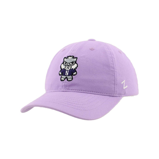 Northwestern University Wildcats Zephyr Unconstructed Adjustable Lilac Hat with Tokyodachi Willie the Wildcat Design