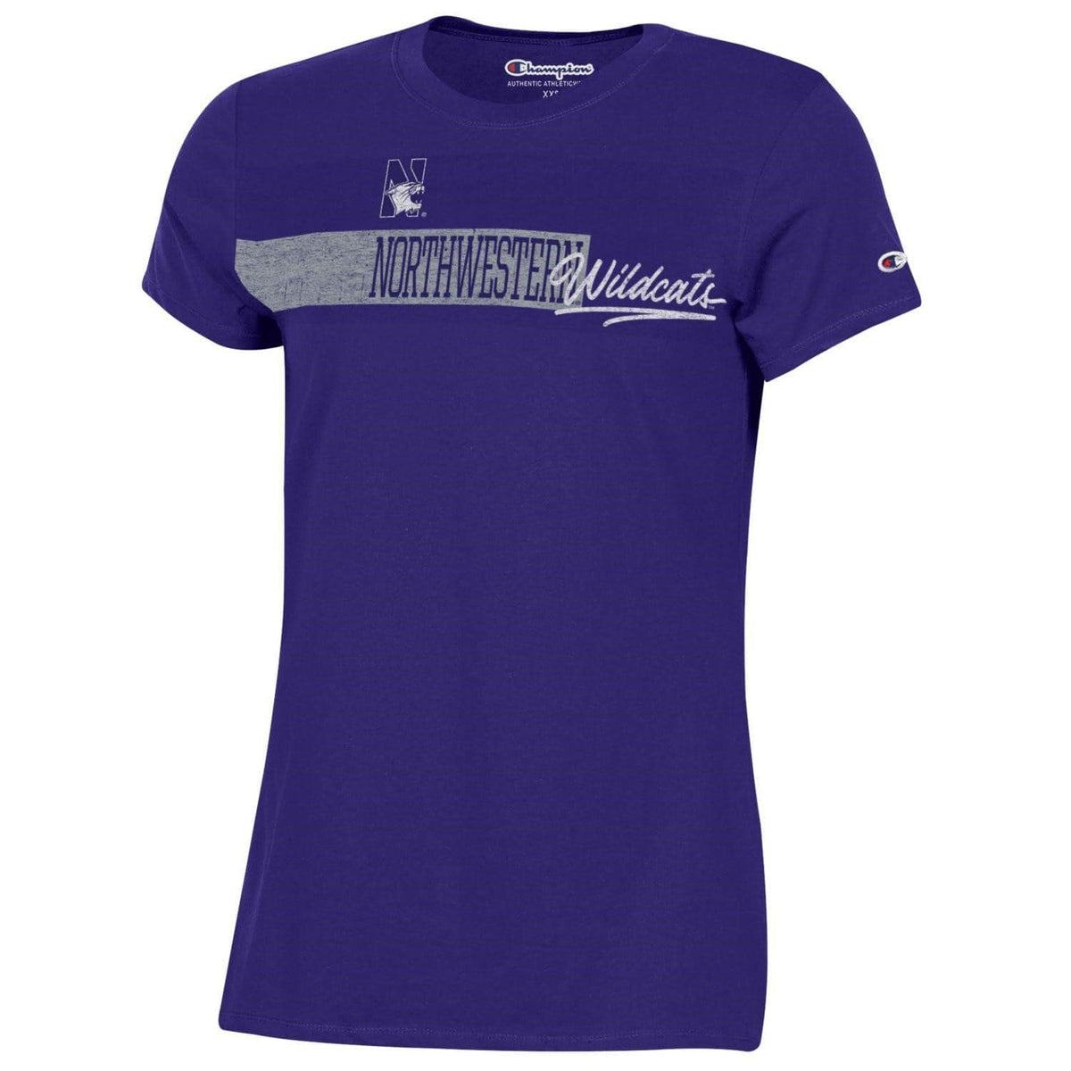 Northwestern University Wildcats Champion Ladies Purple Tee Shirt with Seam to Seam Distressed Design