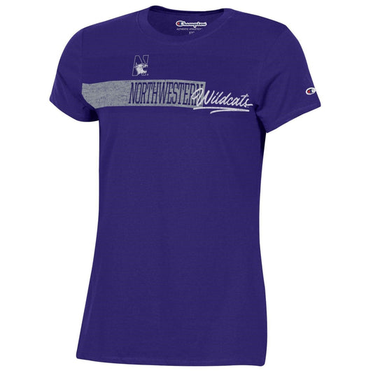 Northwestern University Wildcats Champion Ladies Purple Tee Shirt with Seam to Seam Distressed Design
