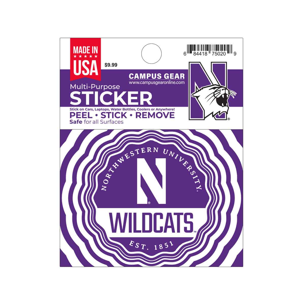 Northwestern University Wildcats Full Color Outside Application 4"X3" Rectangular Multi-Purpose Sticker Design #2 Stylized N