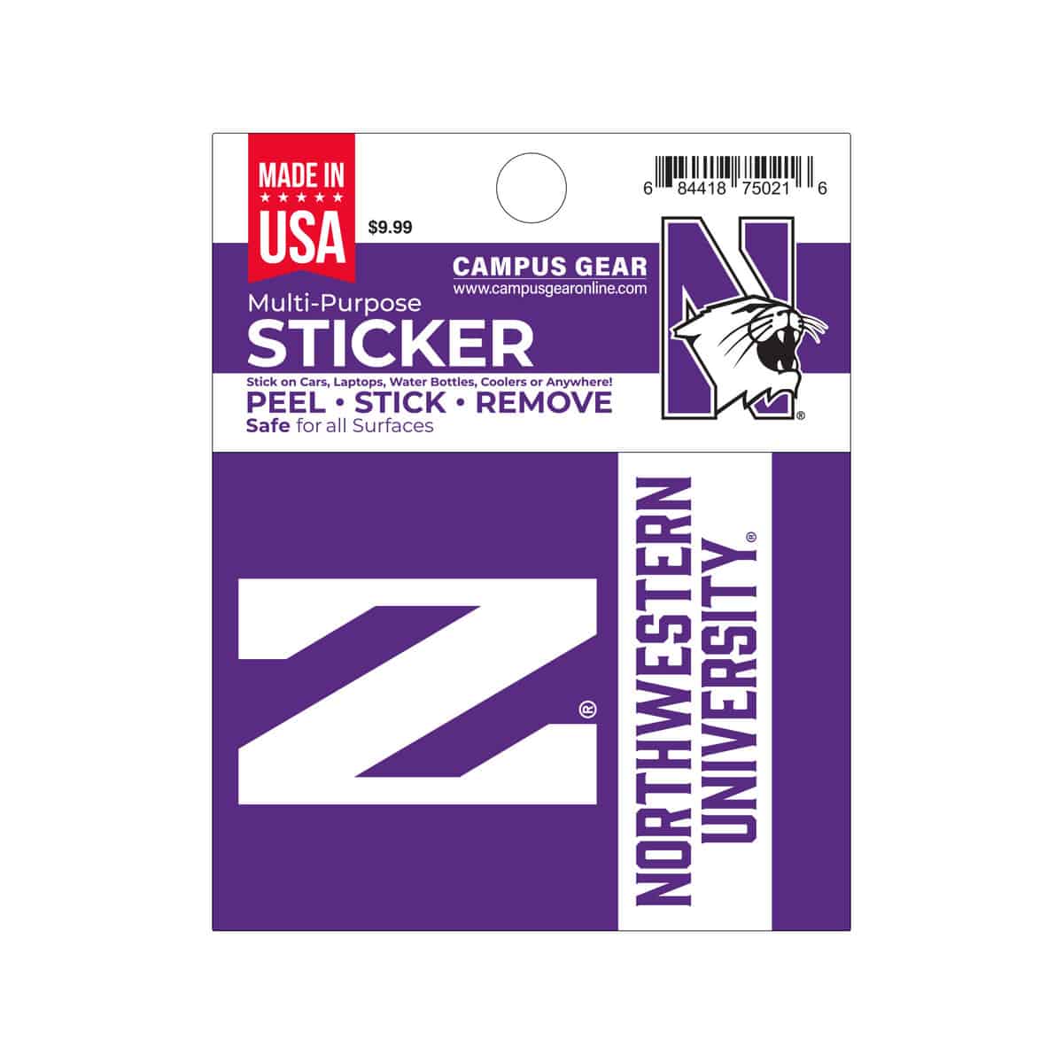 Northwestern University Wildcats Full Color Outside Application 4"X3" Rectangular Multi-Purpose Sticker Design #3 Stylized N