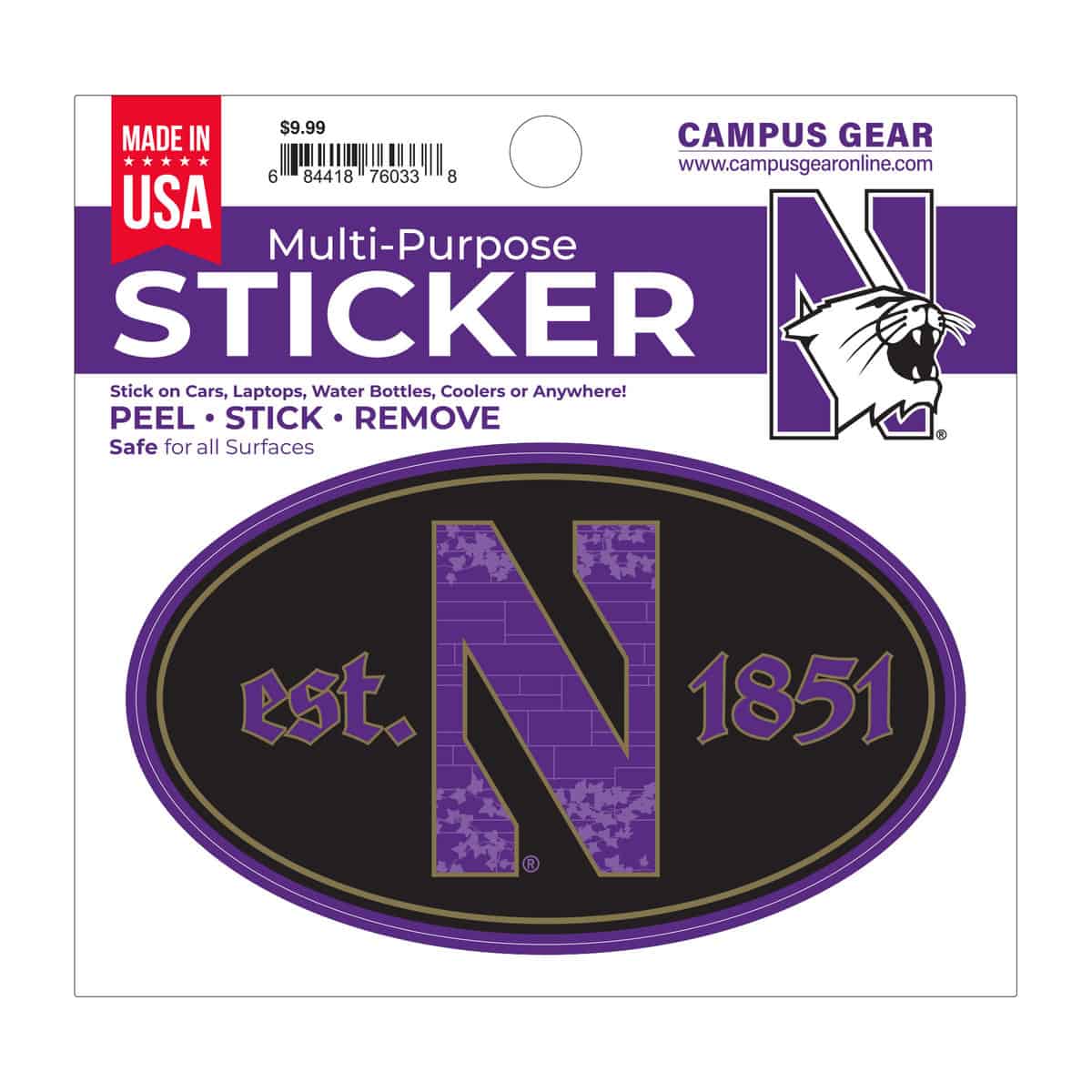 Northwestern University Wildcats Full Color Outside Application 3"X5" Oval Multi-Purpose Sticker Design #3 Gothic