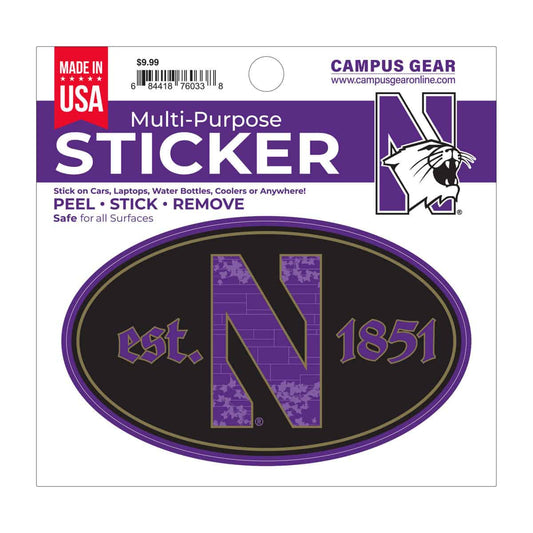 Northwestern University Wildcats Full Color Outside Application 3"X5" Oval Multi-Purpose Sticker Design #3 Gothic