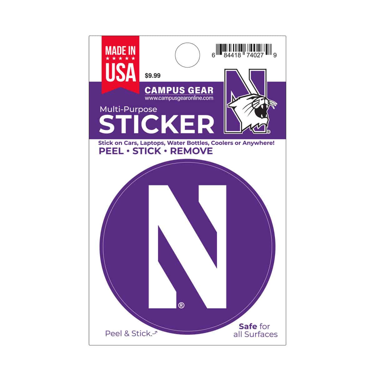 Northwestern University Wildcats Full Color Outside Application 3" Circular Multi-Purpose Sticker Design #4 Stylized N