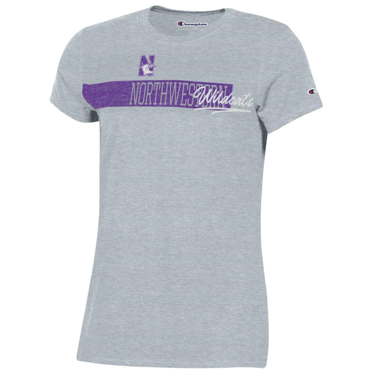 Northwestern University Wildcats Champion Ladies Grey Tee Shirt with Seam to Seam Distressed Design
