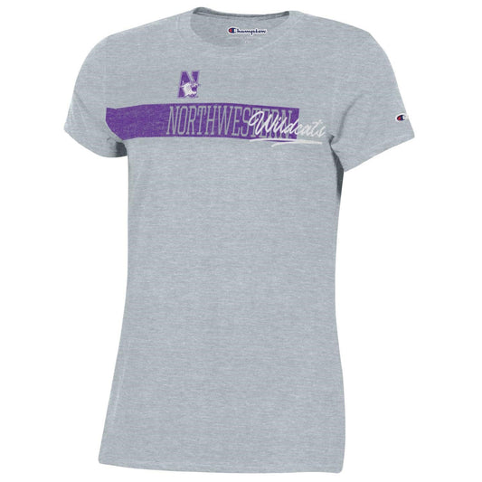 Northwestern University Wildcats Champion Ladies Grey Tee Shirt with Seam to Seam Distressed Design