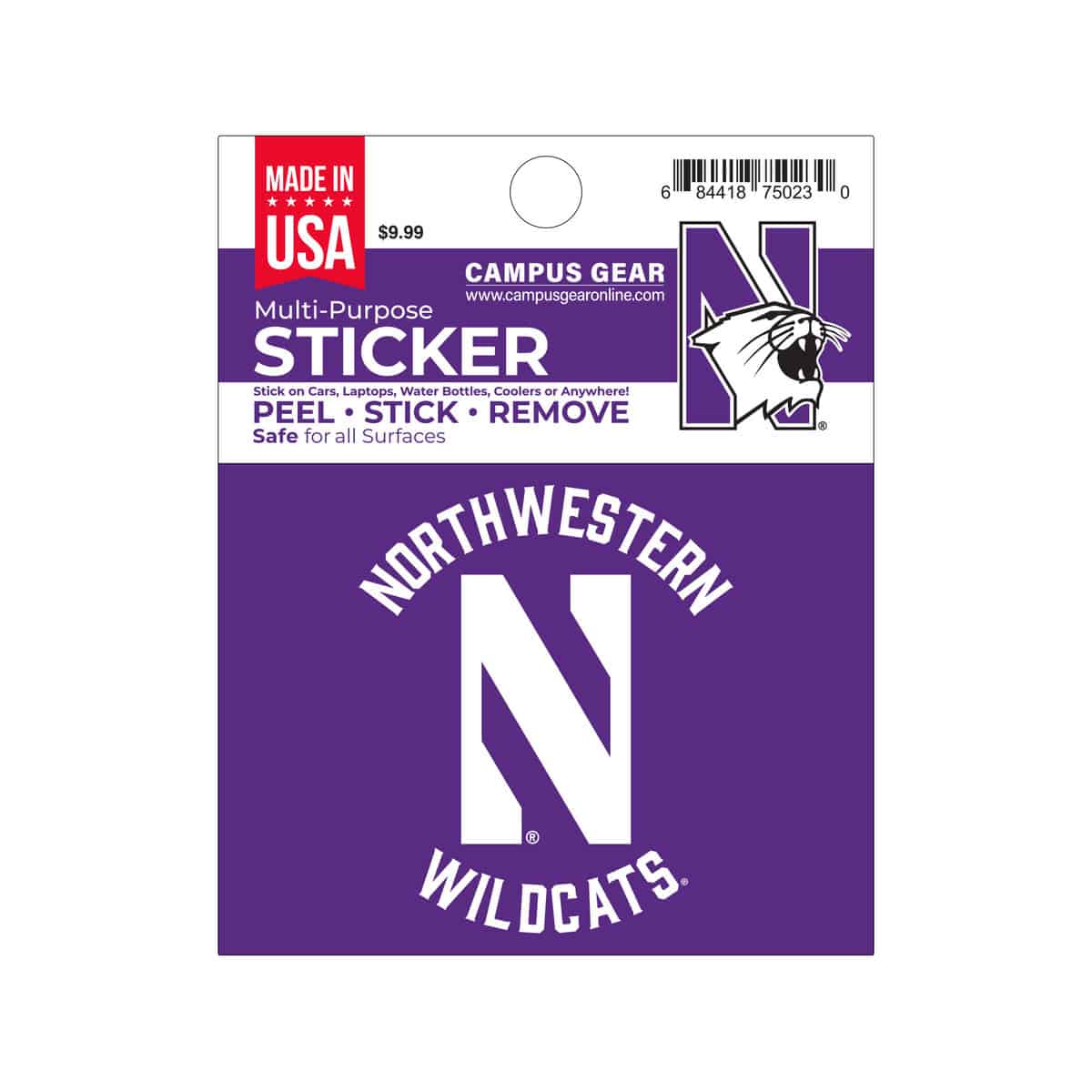 Northwestern University Wildcats Full Color Outside Application 4"X3" Rectangular Multi-Purpose Sticker Design #5 Stylized N