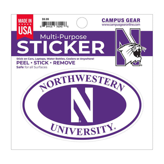 Northwestern University Wildcats Full Color Outside Application 3"X5" Oval Multi-Purpose Sticker Design #7 Stylized N