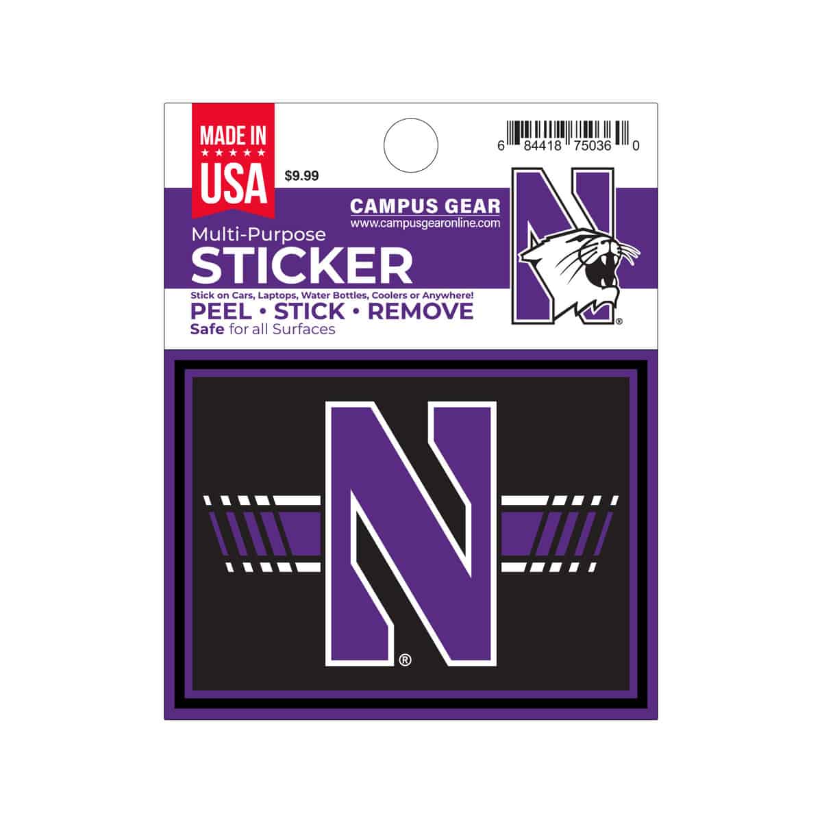 Northwestern University Wildcats Full Color Outside Application 4"X3" Rectangular Multi-Purpose Sticker Design #8 Stylized N