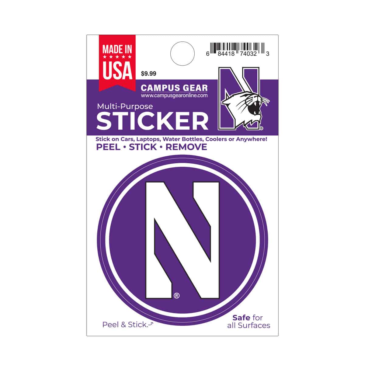 Northwestern University Wildcats Full Color Outside Application 3" Circular Multi-Purpose Sticker Design #9 Stylized N