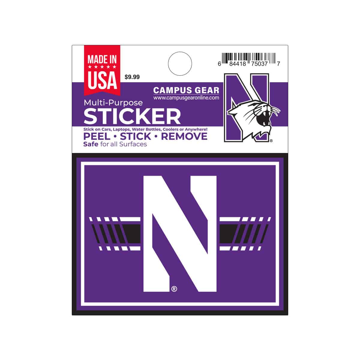 Northwestern University Wildcats Full Color Outside Application 4"X3" Rectangular Multi-Purpose Sticker Design #9 Stylized N