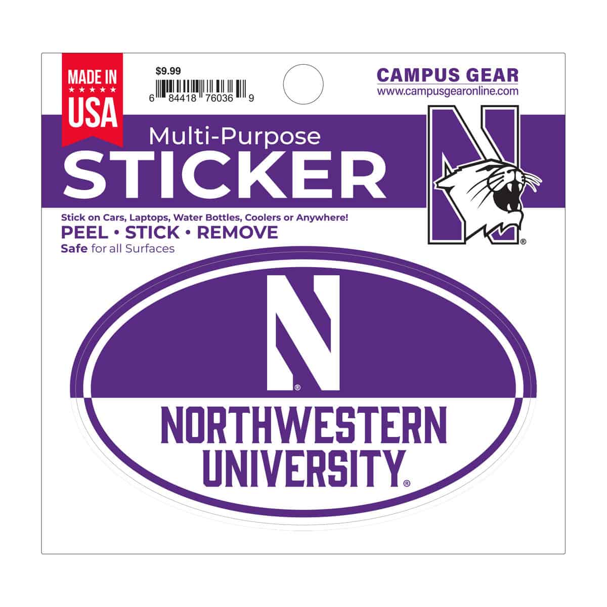 Northwestern University Wildcats Full Color Outside Application 3"X5" Oval Multi-Purpose Sticker Design #9 Stylized N