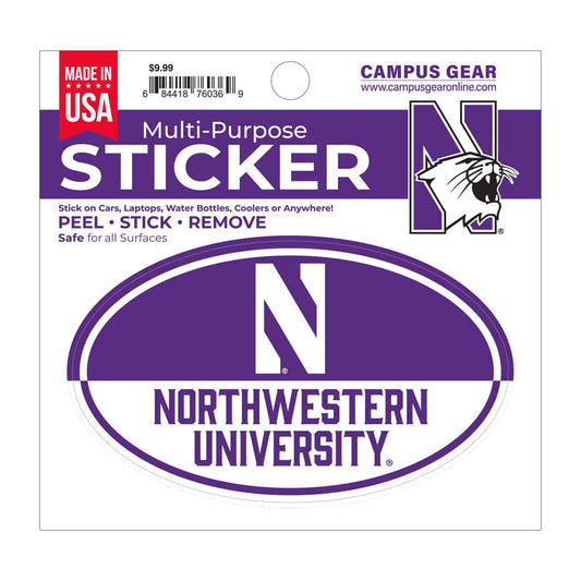Northwestern University Wildcats Full Color Outside Application 3"X5" Oval Multi-Purpose Sticker Design #9 Stylized N