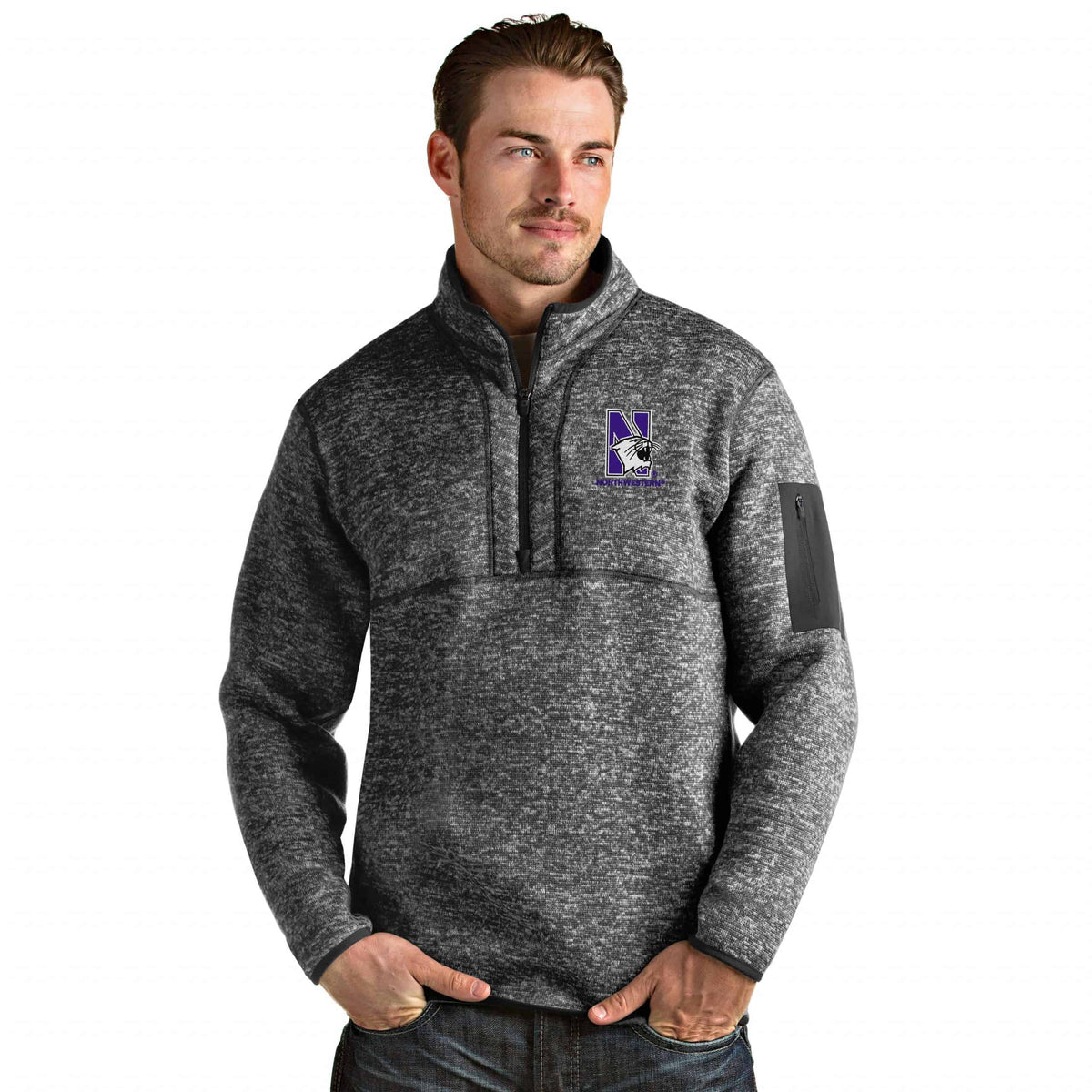 Northwestern University Wildcats Men's Antigua Fortune 1/4 Zip in Smoke Heather & N-Cat Design