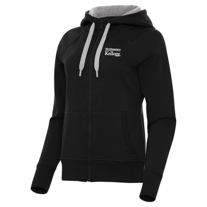 Northwestern I Kellogg Women's Antigua Victory FZ Hooded Sweatshirt in Black Color-2