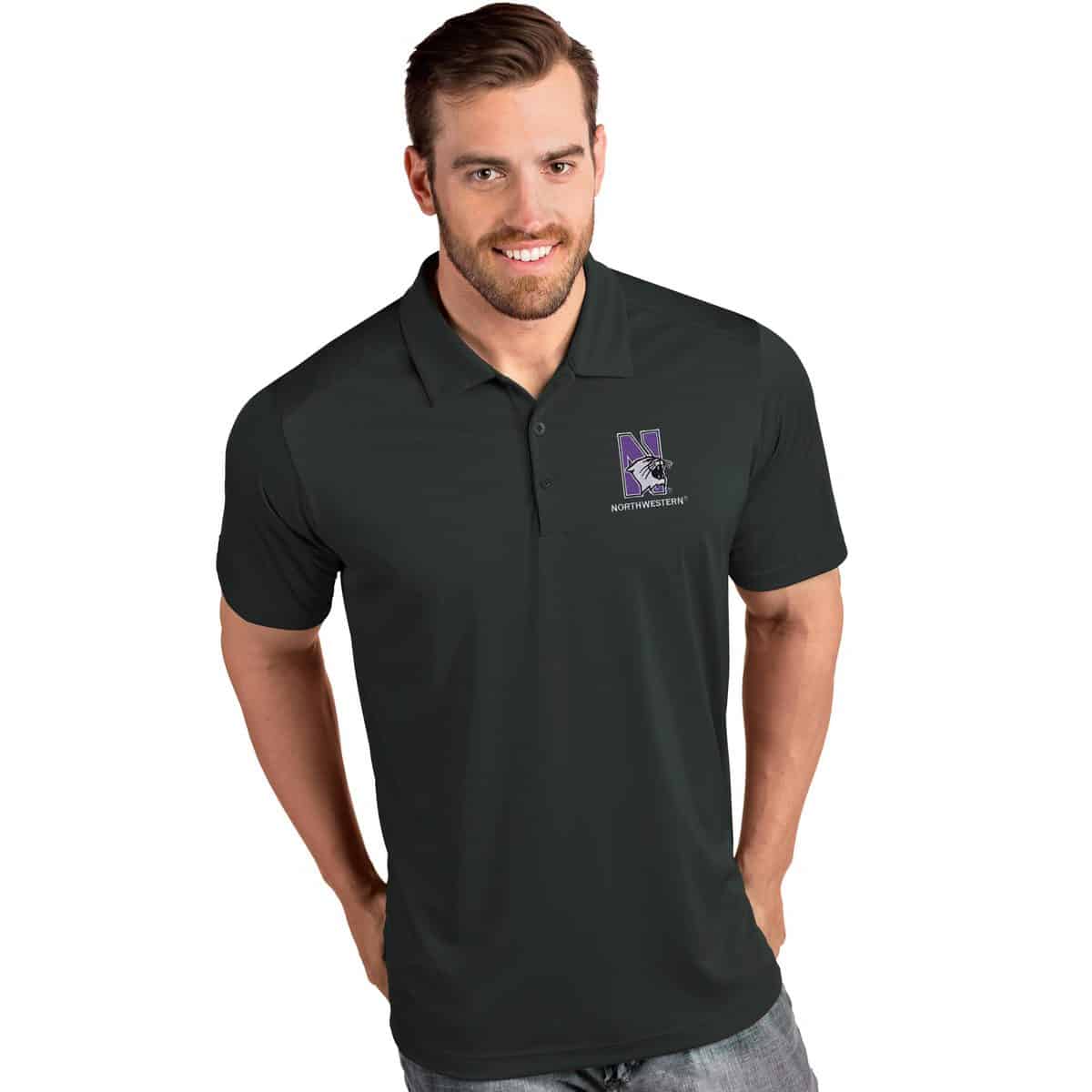 Northwestern University Wildcats Men's Antigua Smoke Tribute Polo Shirt with N-Cat Design