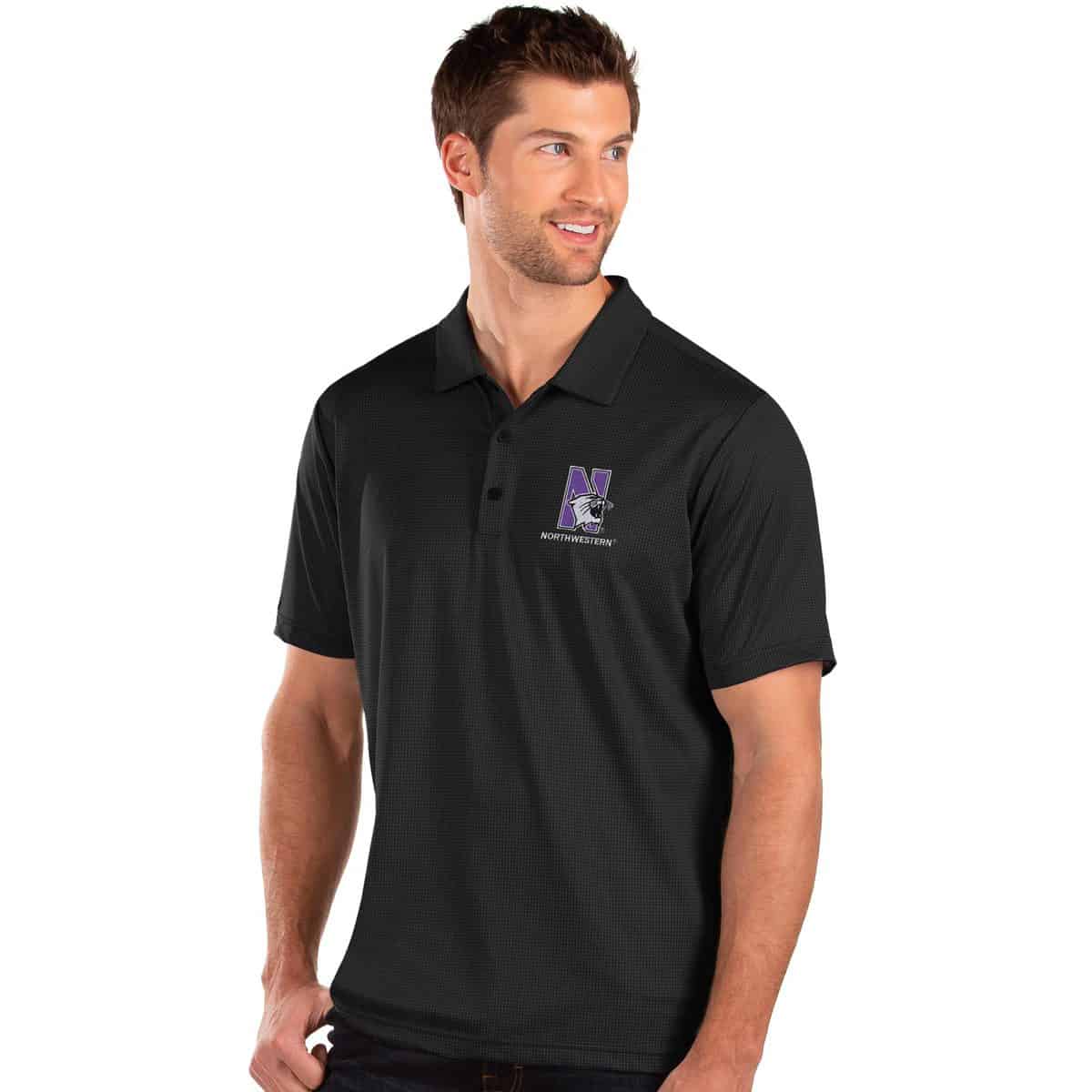 Northwestern University Wildcats Men's Antigua Black Multi Balance Polo Shirt with N-Cat Design