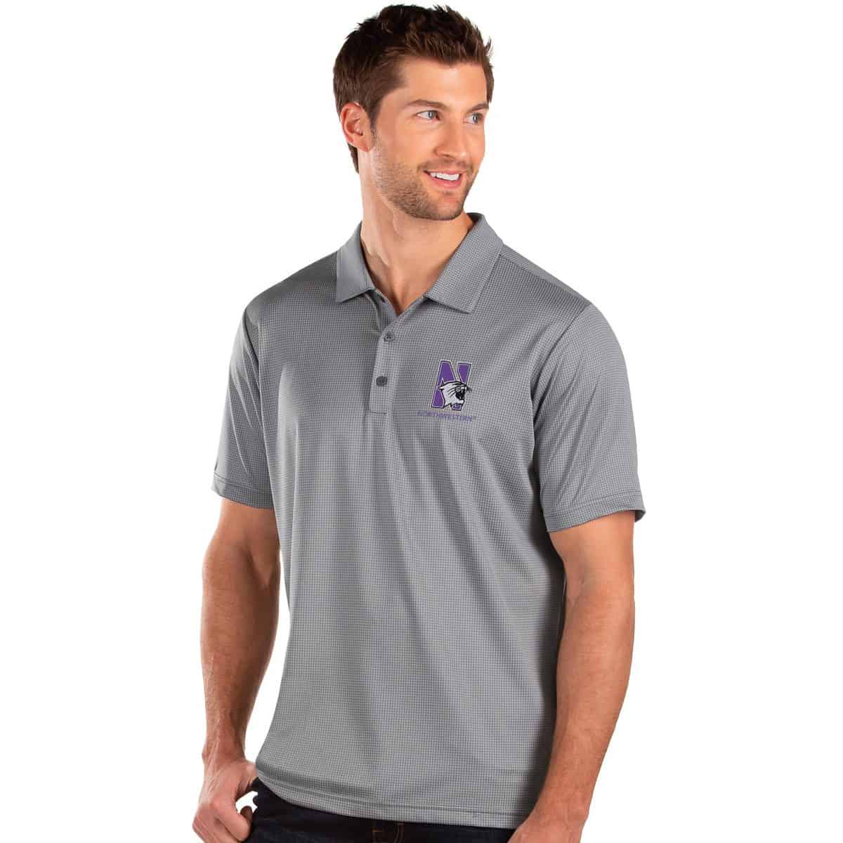 Northwestern University Wildcats Men's Antigua Steel Multi Balance Polo Shirt with N-Cat Design