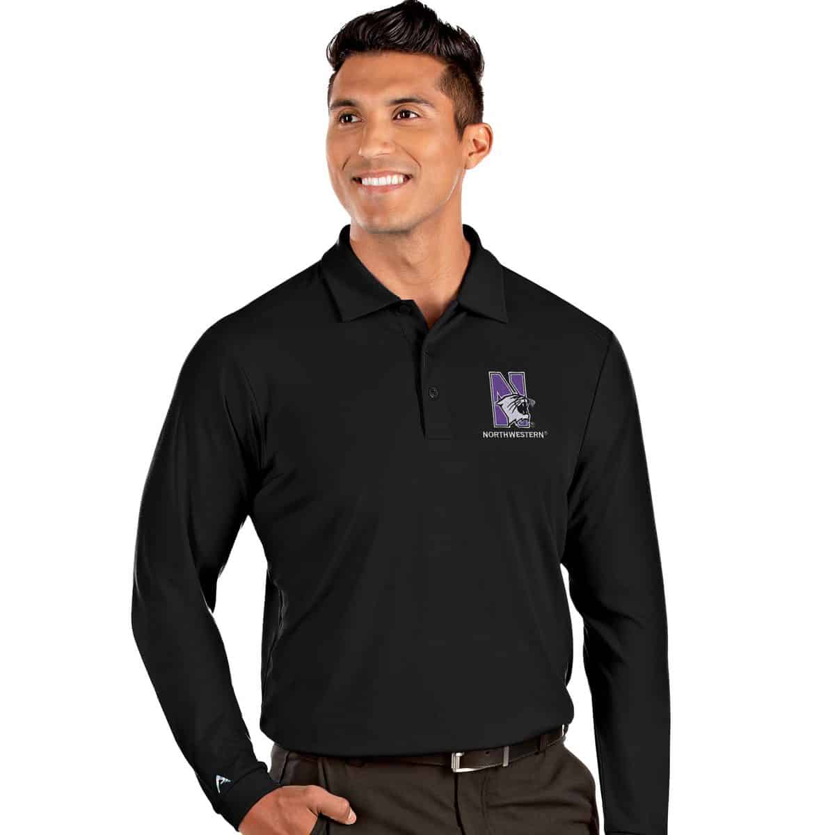 Northwestern University Wildcats Men's Antigua Black L/S Tribute Polo Shirt with N-Cat Design