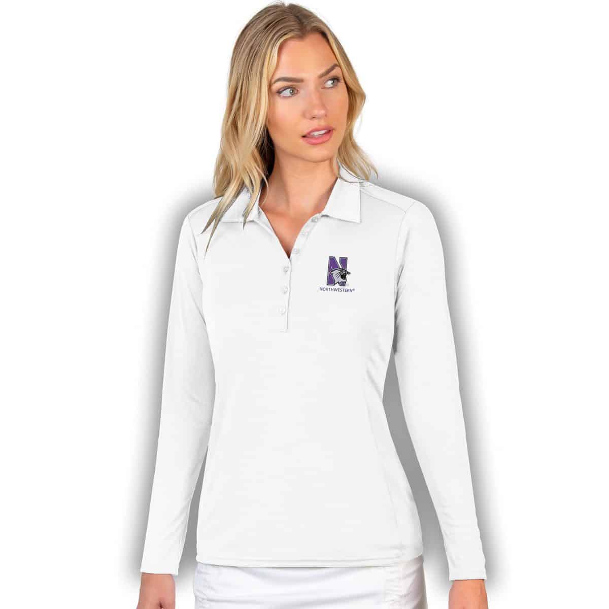 Northwestern University Wildcats Women's Antigua White L/S Tribute Polo Shirt with N-Cat Design