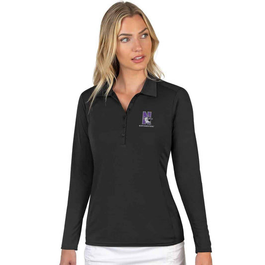 Northwestern University Wildcats Women's Antigua Black L/S Tribute Polo Shirt with N-Cat Design