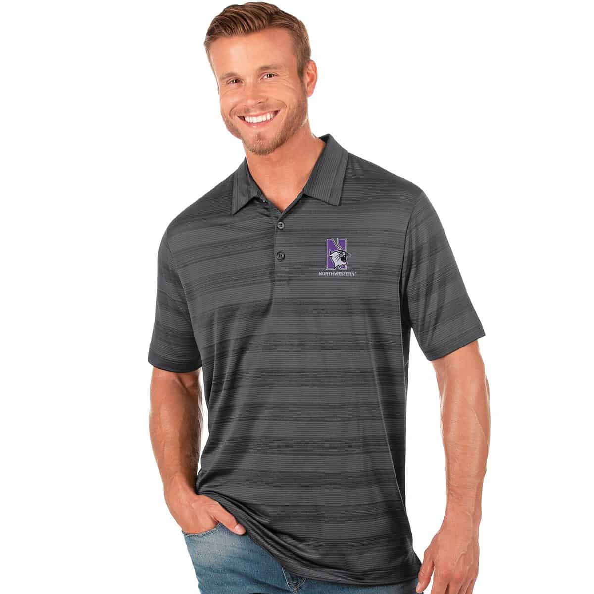 Northwestern University Wildcats Men's Antigua Carbon Multi Compass Polo Shirt with N-Cat Design