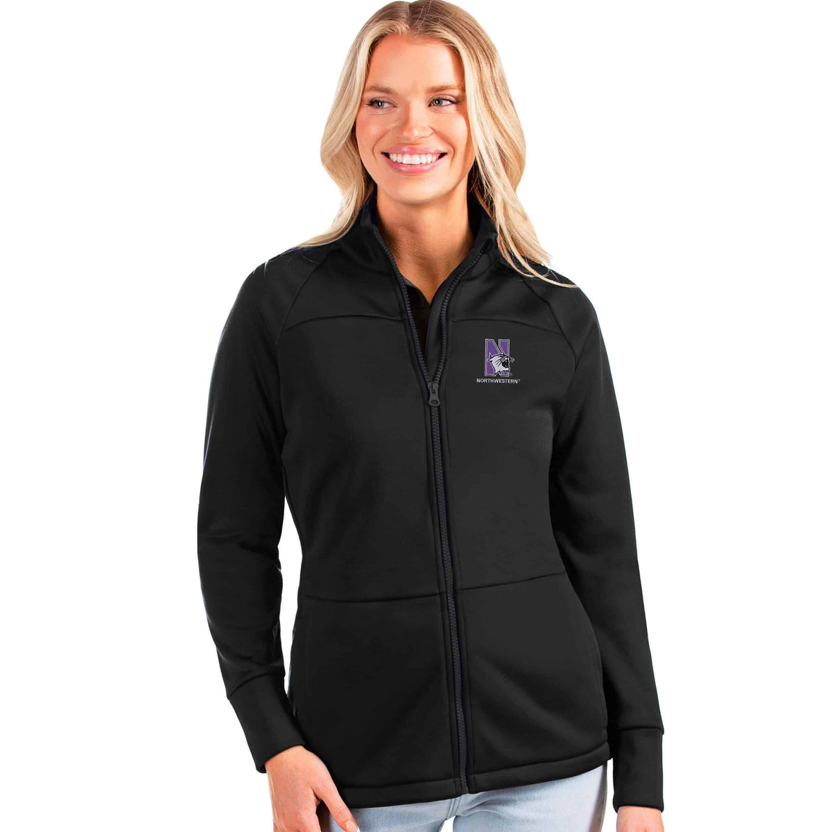 Northwestern Wildcats Women's Antigua Links Golf Jacket in Black with N-Cat Design