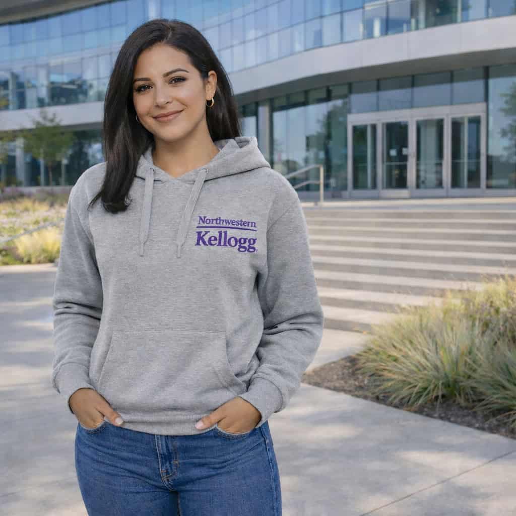 Northwestern I Kellogg Women's Antigua Victory Pullover Hooded Sweatshirt in Grey Heather Color