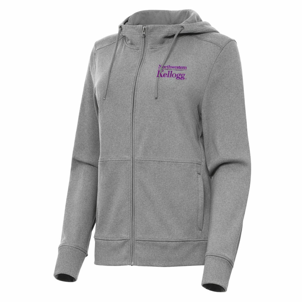 Northwestern I Kellogg Women's Antigua Seeker Supersoft Fullzip Hooded Sweatshirt in Light Black Heather Color