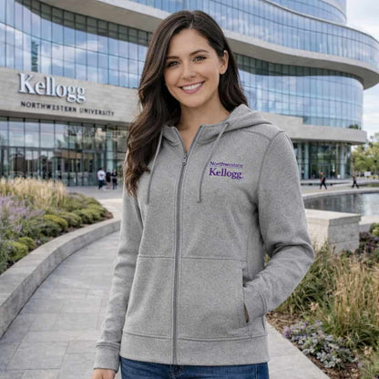 Northwestern I Kellogg Women's Antigua Seeker Supersoft Fullzip Hooded Sweatshirt in Light Black Heather Color