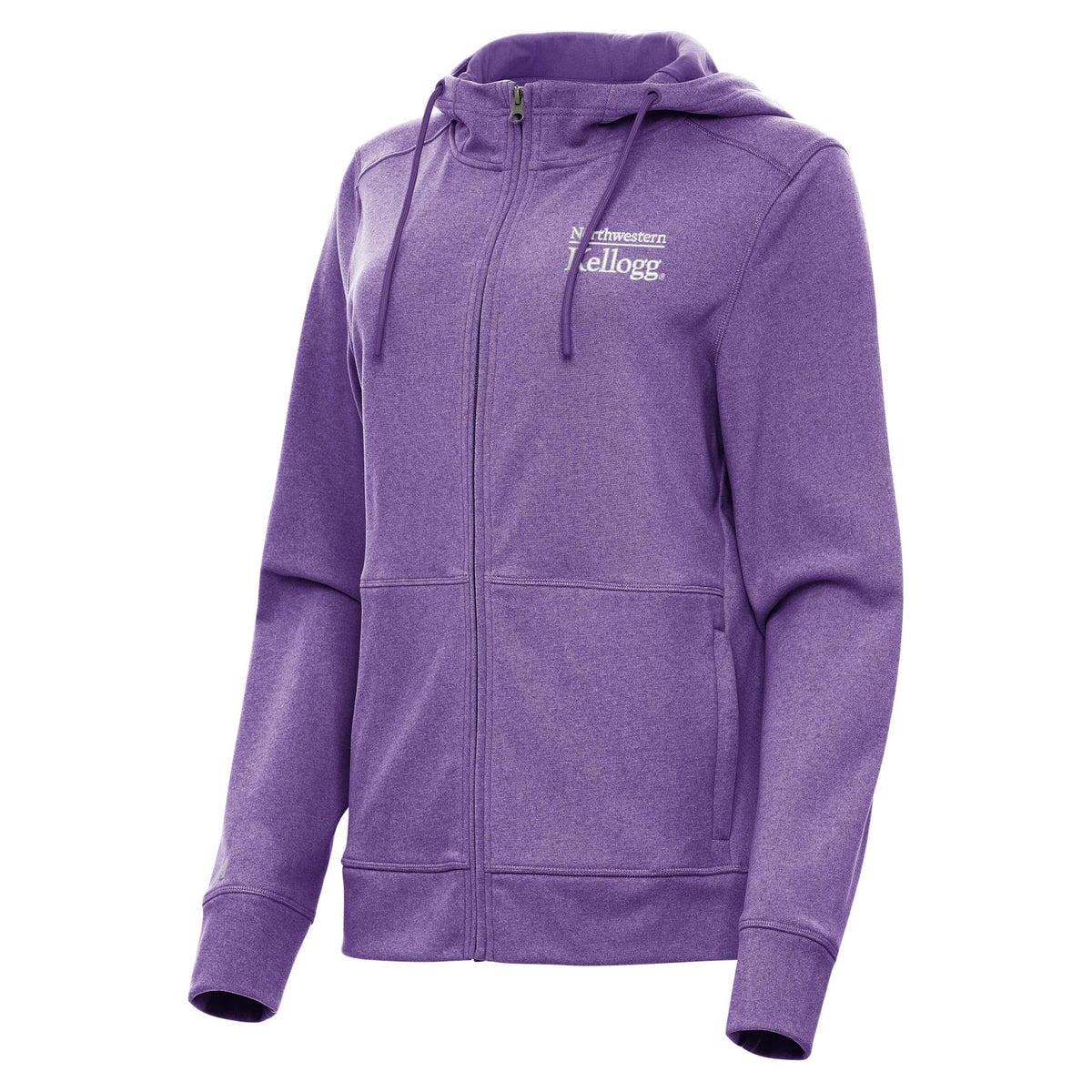 Northwestern I Kellogg Women's Antigua Seeker Supersoft Fullzip Hooded Sweatshirt in Light Purple Heather Color