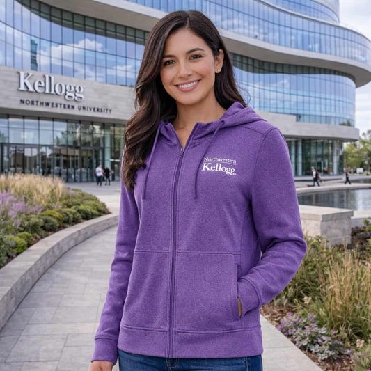 Northwestern I Kellogg Women's Antigua Seeker Supersoft Fullzip Hooded Sweatshirt in Light Purple Heather Color