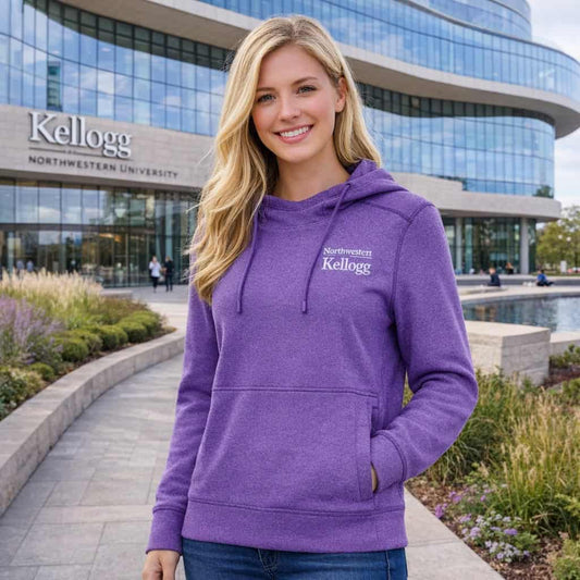 Northwestern I Kellogg Women's Antigua Justice Supersoft Pullover Hooded Sweatshirt in Light Purple Heather Color