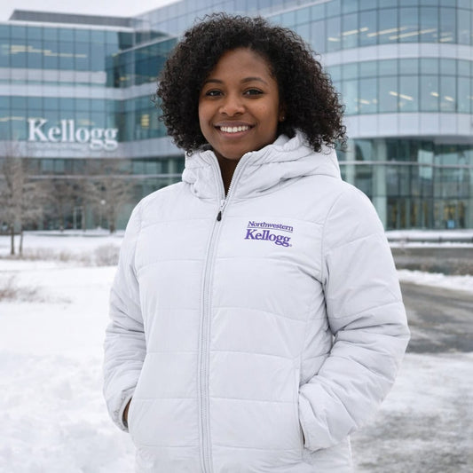 Northwestern I Kellogg Women's Antigua Universe Puffy Jacket in White Color-1