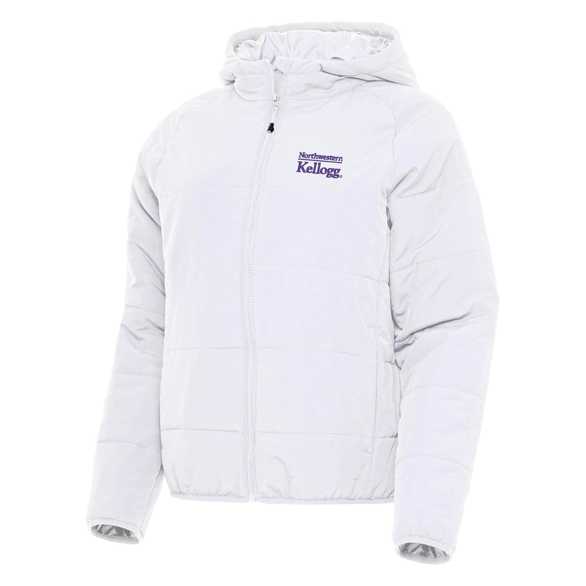 Northwestern I Kellogg Women's Antigua Universe Puffy Jacket in White Color-2