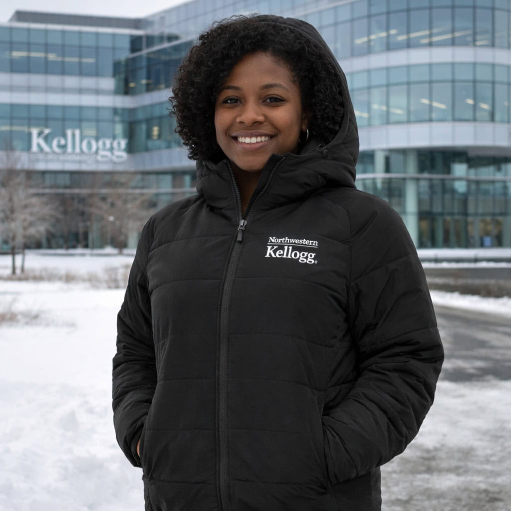 Northwestern I Kellogg Women's Antigua Universe Puffy Jacket in Black Color