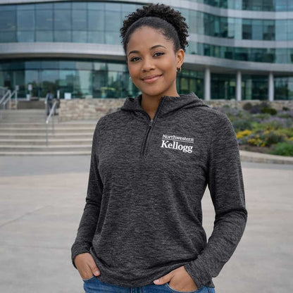 Northwestern I Kellogg Women's Antigua Black Heather Supersoft Daybreak 1/4 Zip Hood