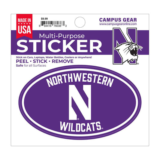 Northwestern University Wildcats Full Color Outside Application 3"X5" Oval Multi-Purpose Sticker Design #11 Stylized N