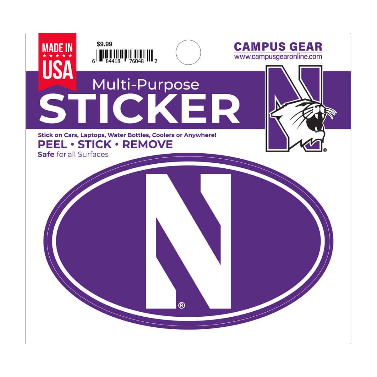 Northwestern University Wildcats Full Color Outside Application 3"X5" Oval Multi-Purpose Sticker Design #12 Stylized N