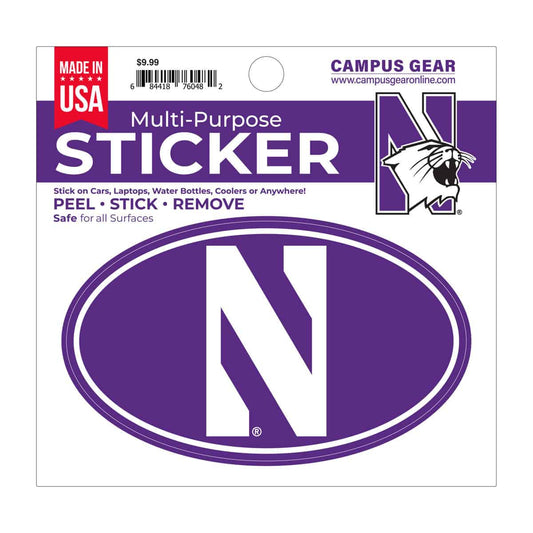 Northwestern University Wildcats Full Color Outside Application 3"X5" Oval Multi-Purpose Sticker Design #12 Stylized N
