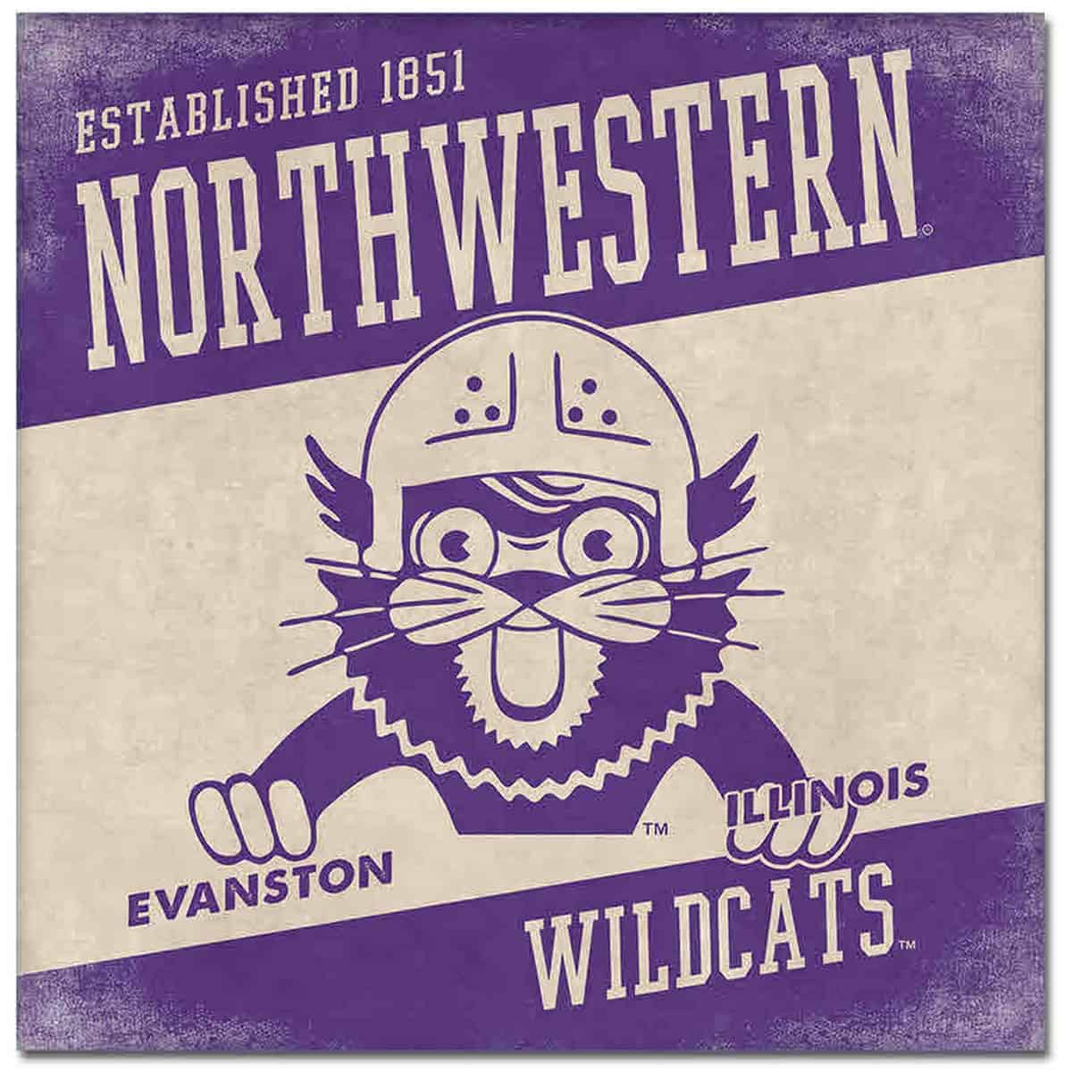 Northwestern University Wildcats Square Vintage Canvas Wall Art with vintage Wildcat Wearing a Helmet 14"X14"