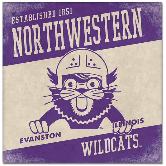 Northwestern University Wildcats Square Vintage Canvas Wall Art with vintage Wildcat Wearing a Helmet 14"X14"
